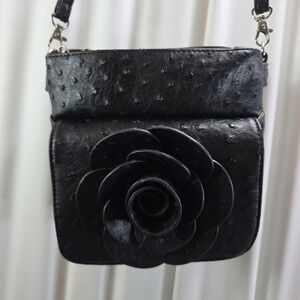 black‎ ostrich purse handbag Black Flower Double Zippered